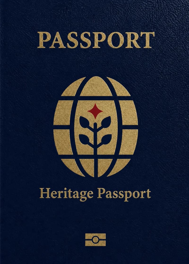 The Heritage Passport cover: a gold globe and sprouting branch on navy