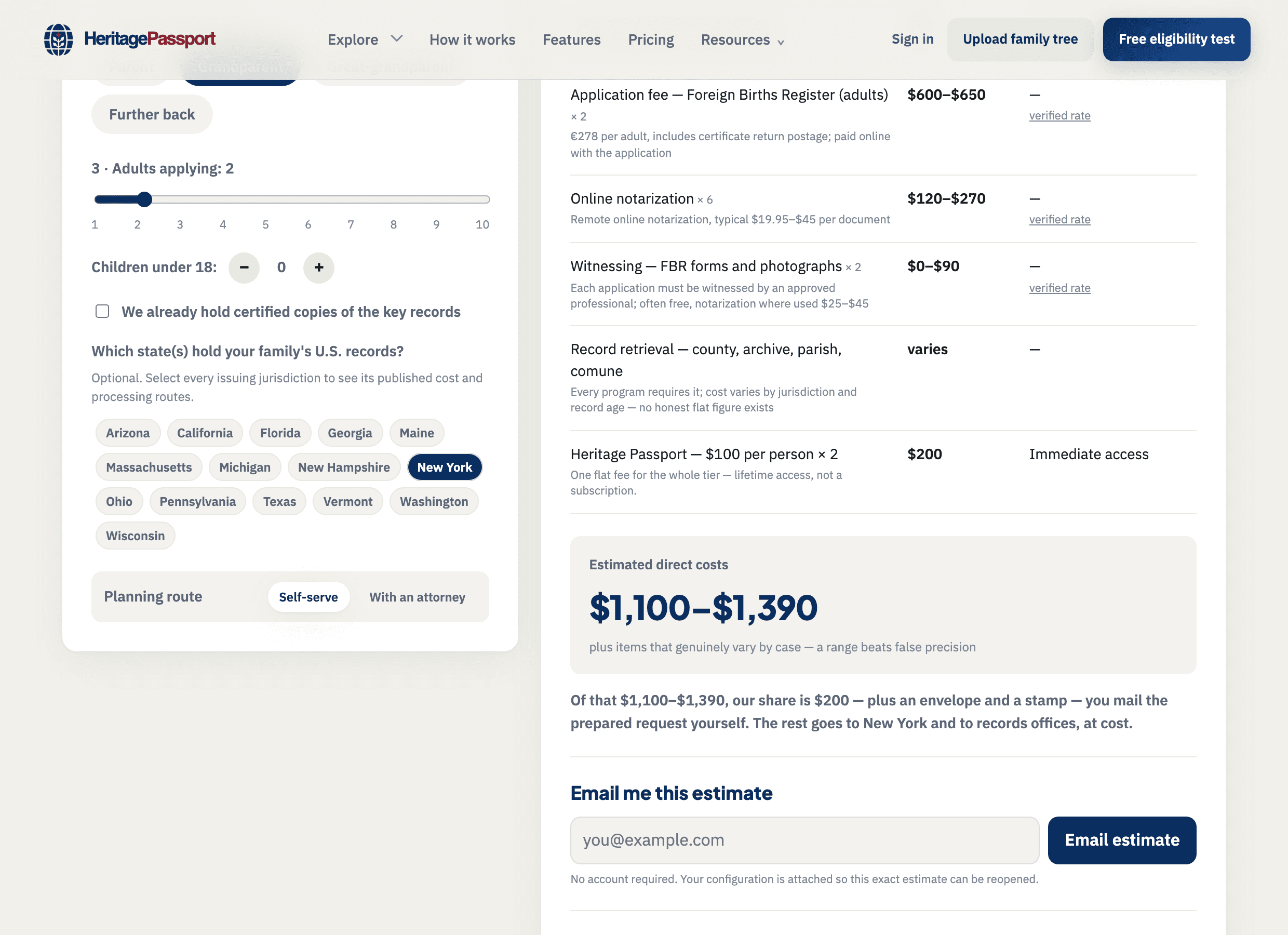 The Heritage Passport cost calculator, configured for an Irish claim and showing the itemised government record fees the case will cost before any account is created.