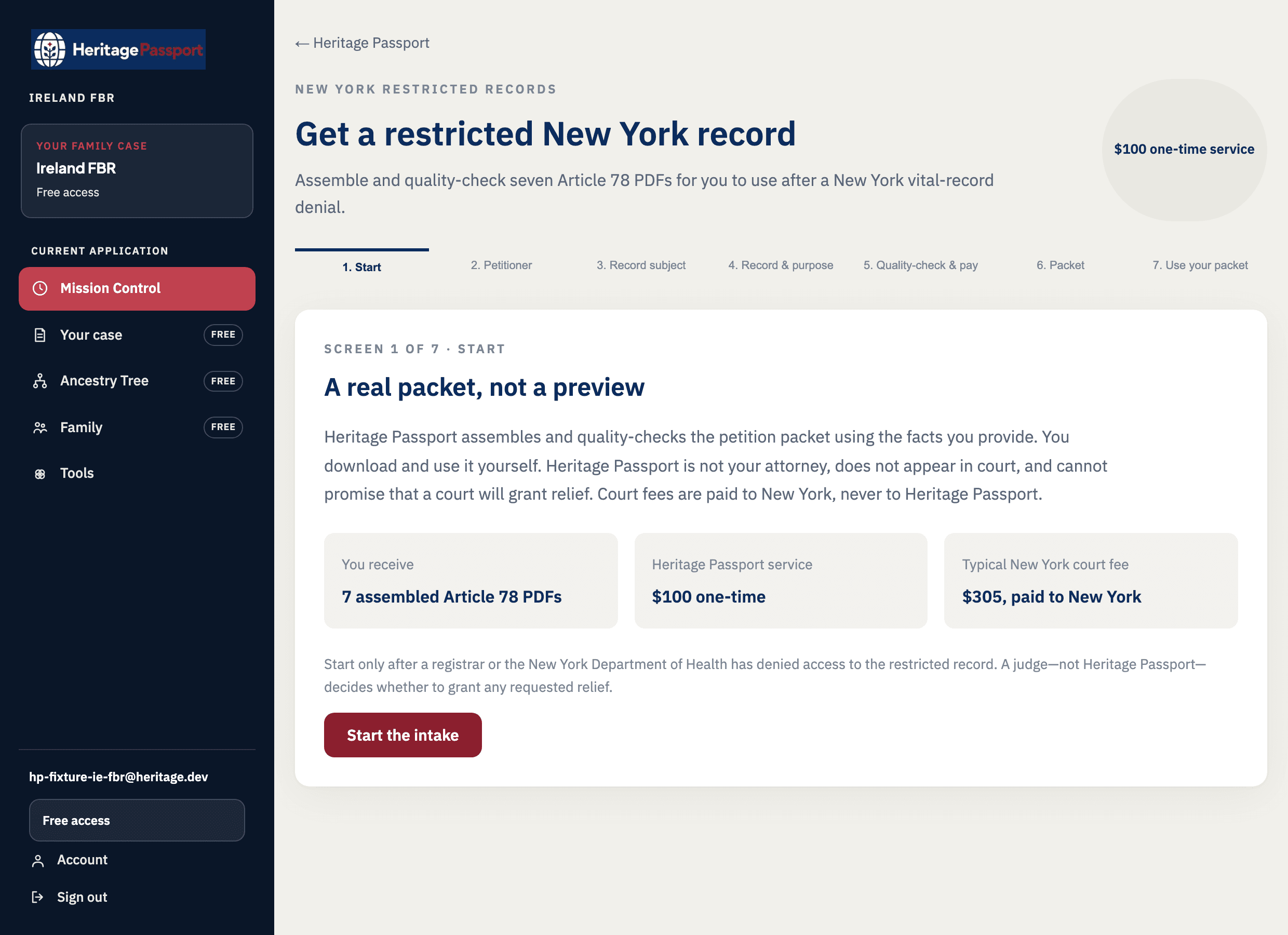 The petition kit intake in Heritage Passport: seven assembled Article 78 PDFs for a hundred dollars one-time, against a typical New York court fee of three hundred and five dollars paid to New York, with the statement that Heritage Passport is not your attorney and a judge decides whether to grant relief.