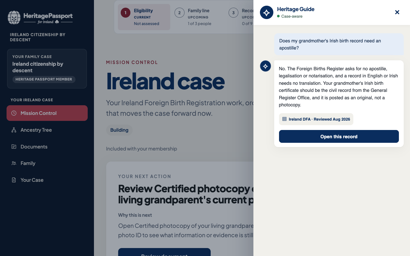 Heritage Guide open over Mission Control in a paid Ireland case, with the answer, reviewed source, and next action visible.