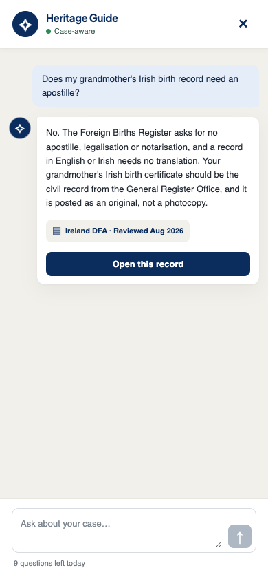 Heritage Guide on a phone showing a paid member's question, answer, reviewed source, and next action.